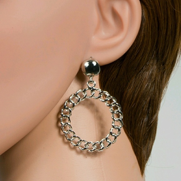 Cuban Link Hoop Drop Earrings - Picture 3 of 7